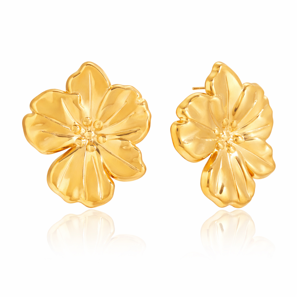 Gold-plated flower-shaped stud earrings with sculpted petals and a polished finish