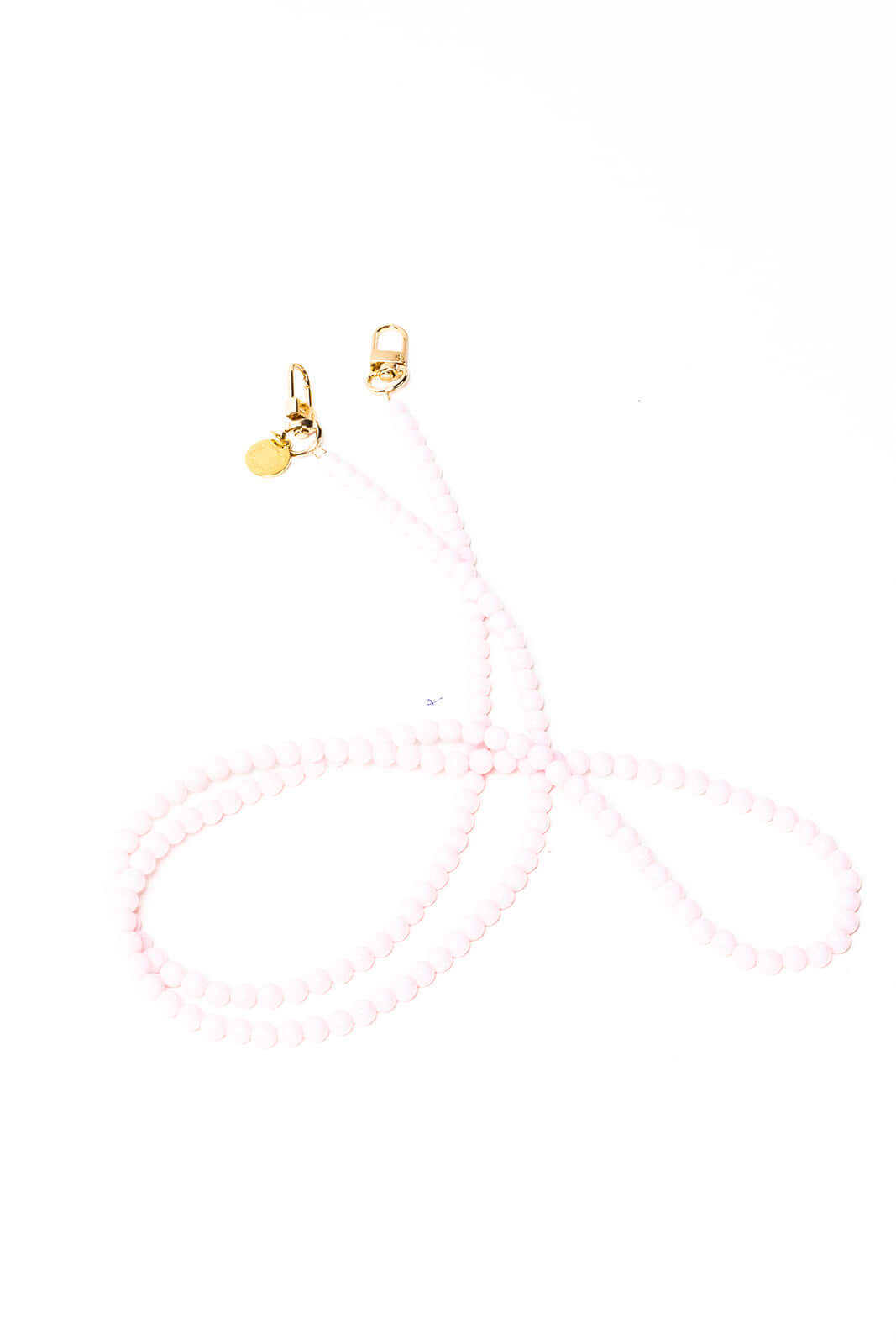 Light pink beaded Aurora PHONE CORD looped on a white background with gold-tone clasps.