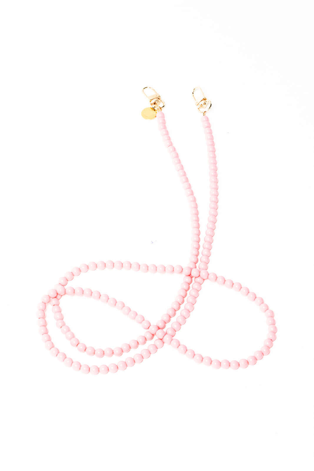 Light pink beaded Aurora PHONE CORD looped on a white background, gold-tone clasps visible.