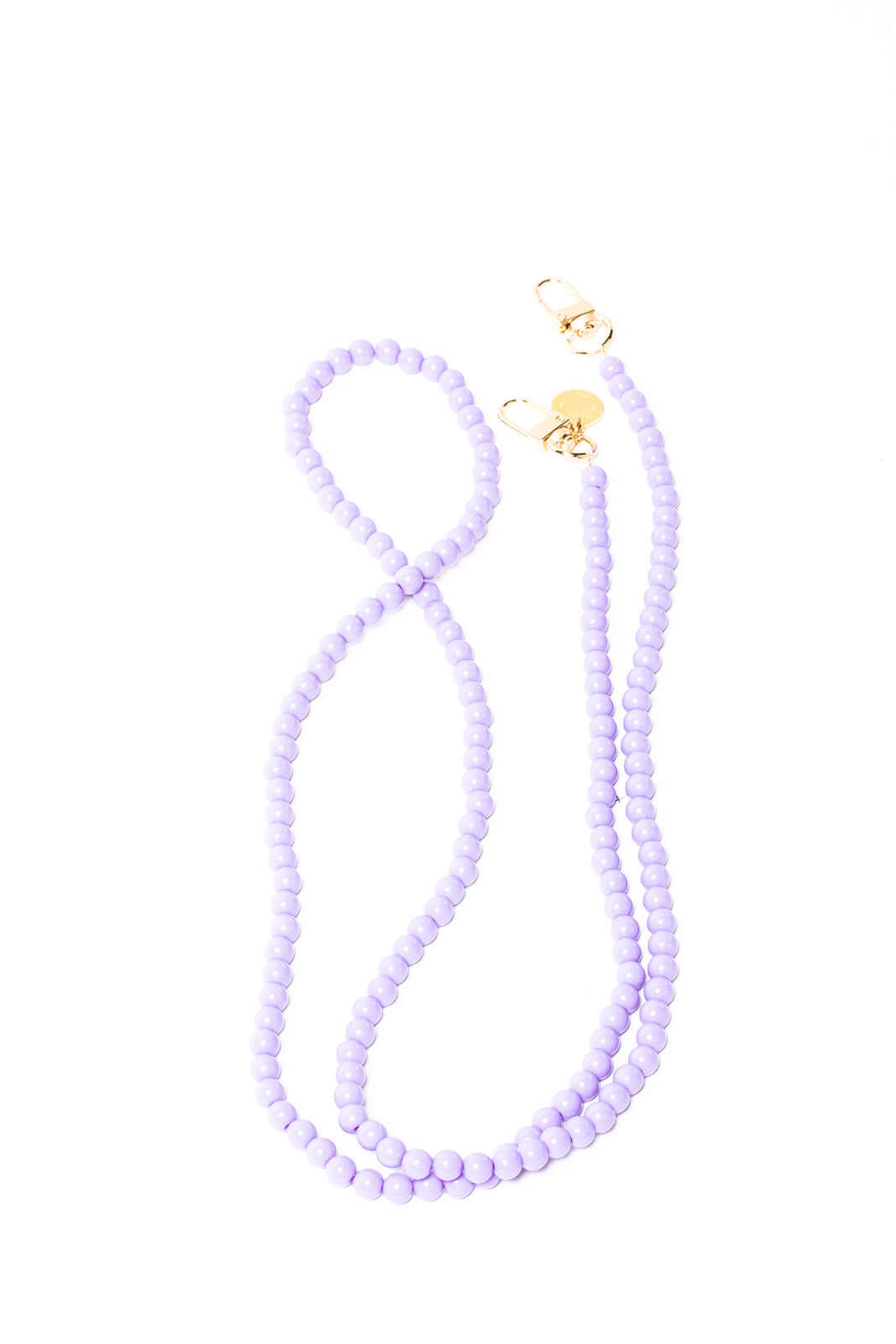 Lavender beaded Aurora PHONE CORD looped on a white background with gold-tone clasps.
