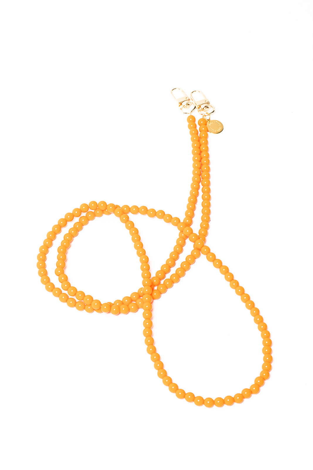 Amber-orange beaded Aurora PHONE CORD looped on a white background with gold-tone clasps.
