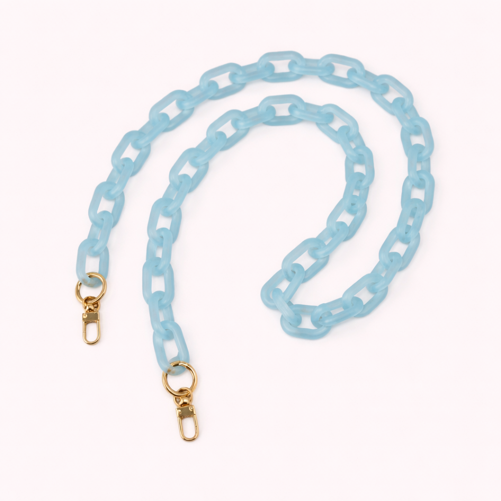 Sky blue frosted acrylic Bubble Links phone chain coiled flat with gold-tone clasp hardware.
