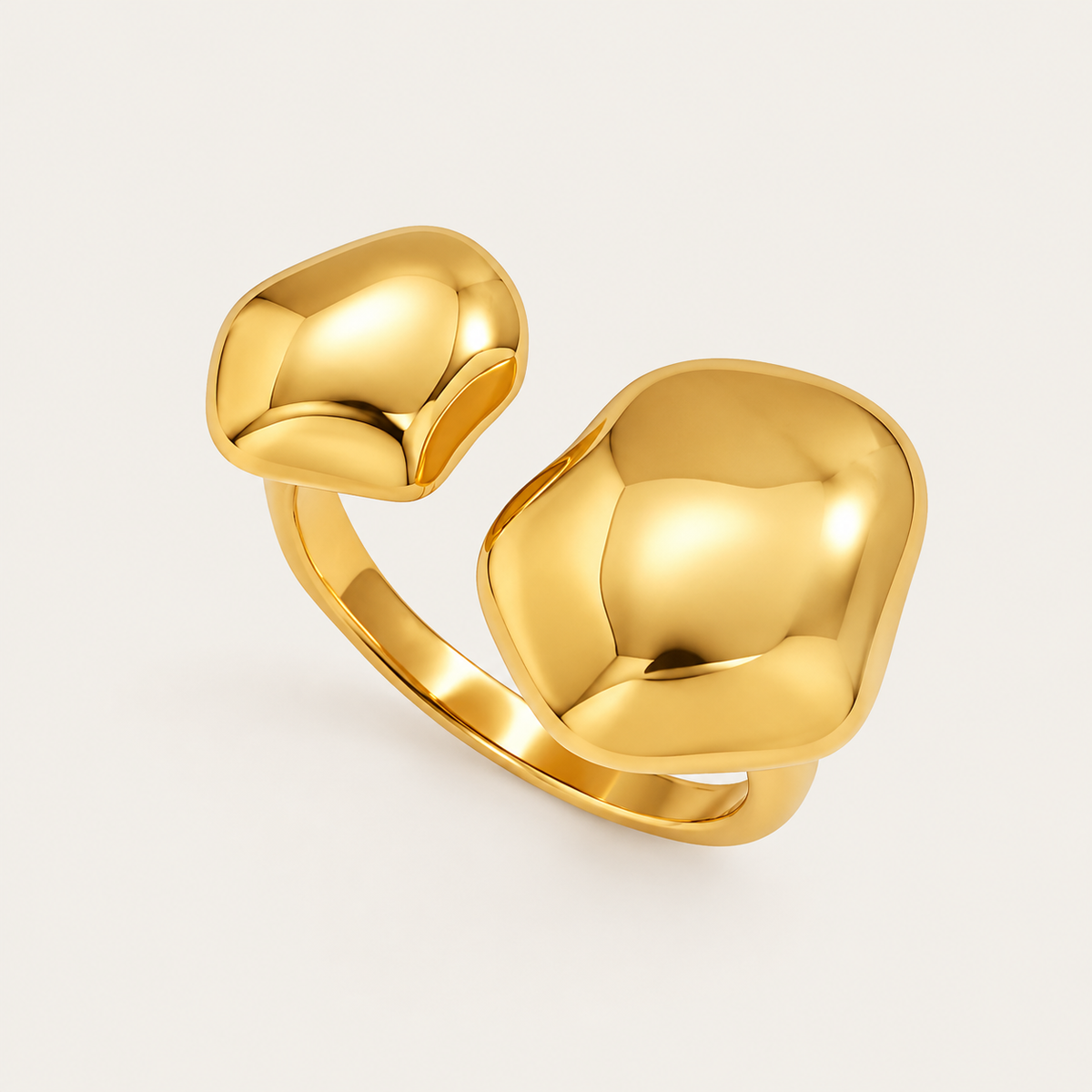 Gold Cloud RING: open adjustable ring with two smooth, organic pebble-shaped ends — Folie à Trois