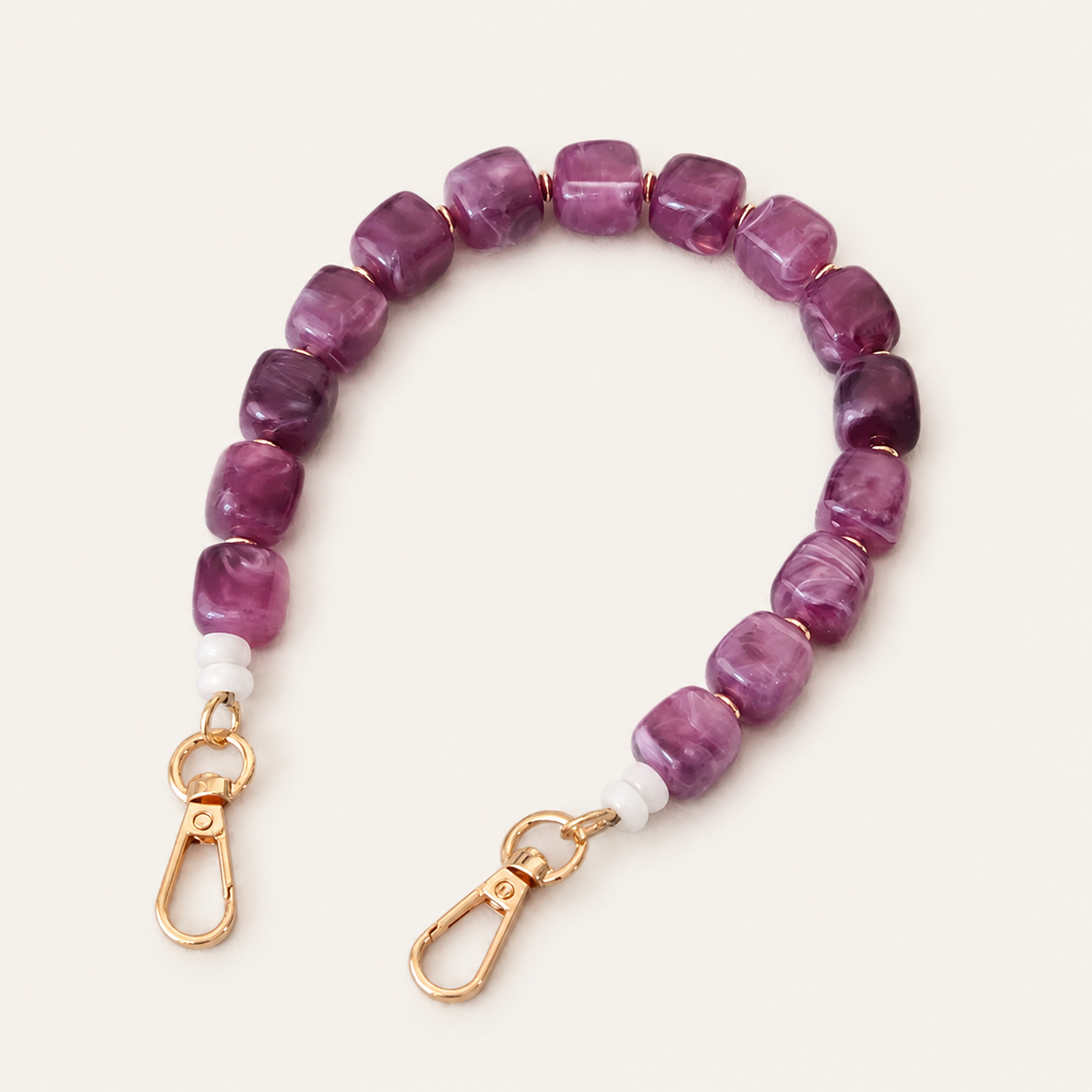 Purple marbled beaded phone chain with cube beads and gold lobster clasps — Folie à Trois Cora wholesale phone accessory