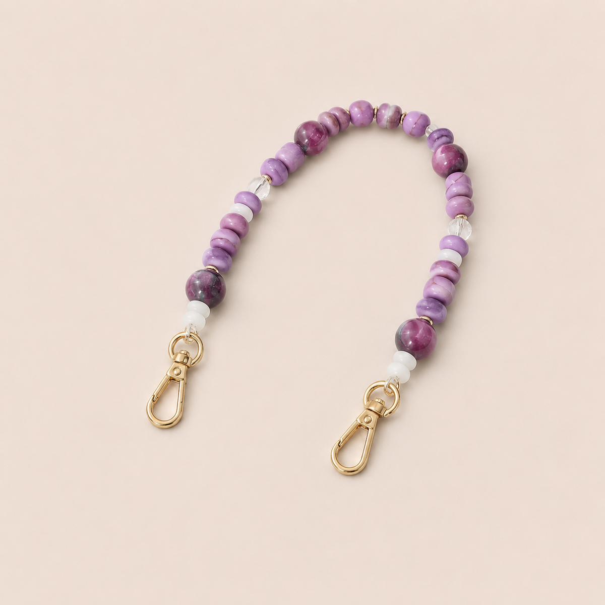 Purple gemstone bead phone chain with clear crystal and white spacers, gold clasps — Folie à Trois Cormac wholesale phone chain