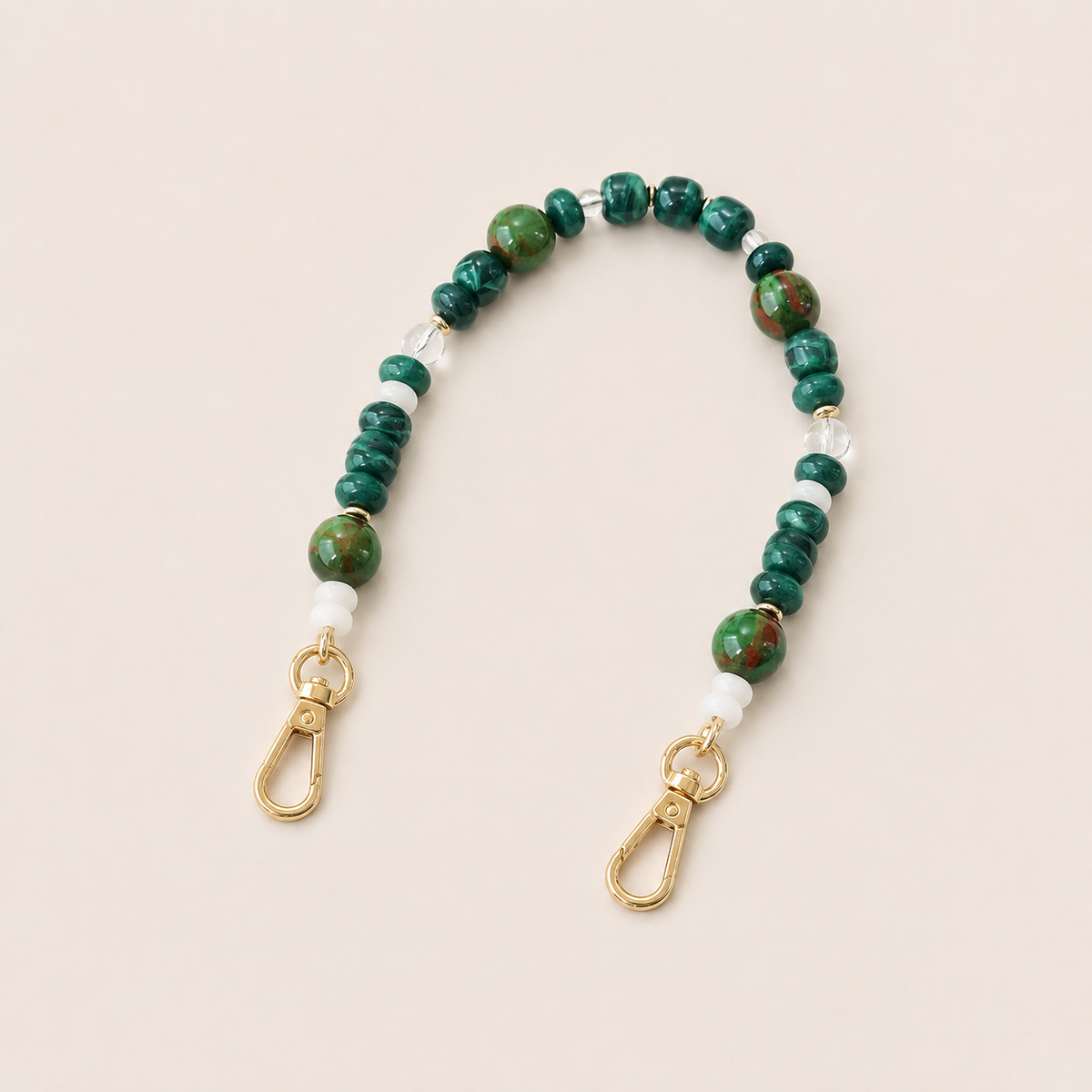 Green gemstone bead phone chain with clear crystal and white spacers, gold clasps — Folie à Trois Cormac wholesale phone chain