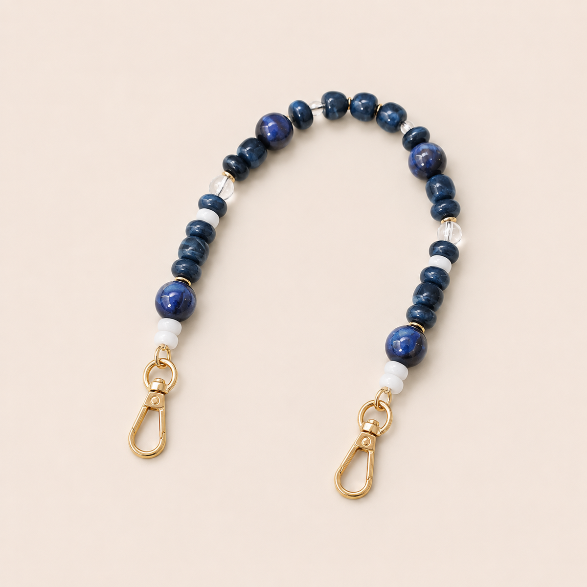 Navy blue gemstone bead phone chain with clear crystal and white spacers, gold clasps — Folie à Trois Cormac wholesale phone chain
