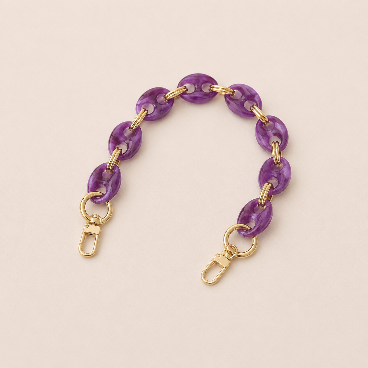 Round amethyst purple marbled coin-link phone chain with gold connectors on cream — Folie à Trois Corvin short phone chain