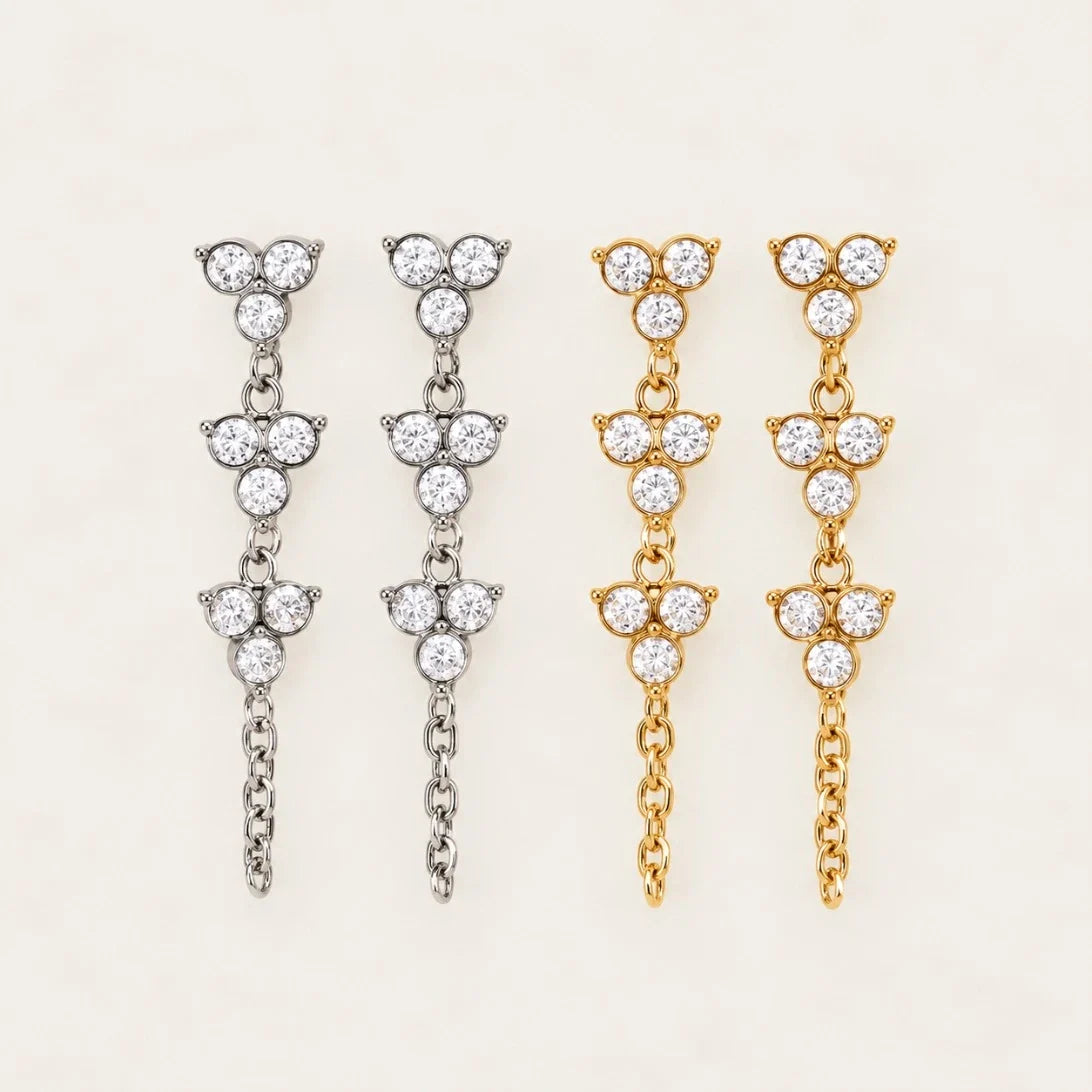 Fiore EARRINGS in silver-tone and gold side by side, zirconia trefoil drops with a fine chain — Folie à Trois