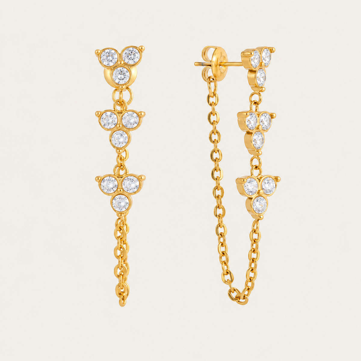Gold Fiore EARRINGS: drops of three zirconia trefoil clusters with a fine front-to-back chain — Folie à Trois