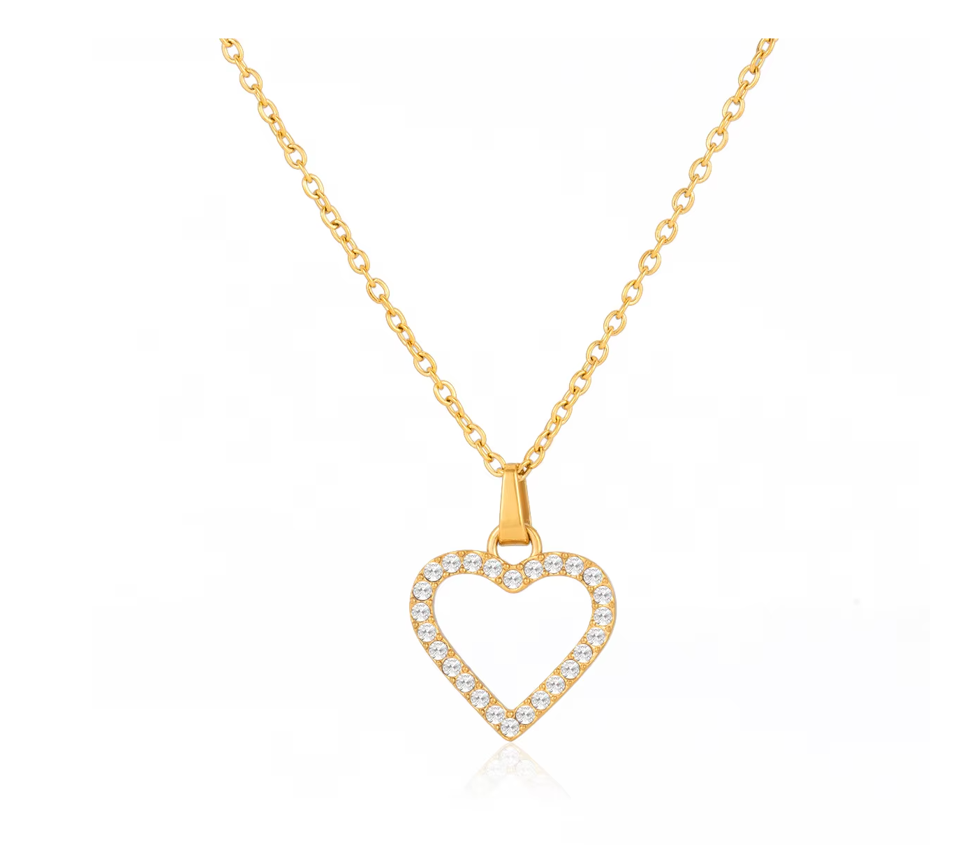The Golden Heart NECKLACE in a close-up product shot, a pave crystal open-heart pendant on a fine gold cable chain.