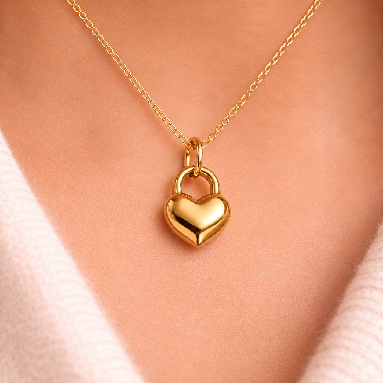 The Heart Locket CHARM worn on a fine gold chain at the neckline, styled with a cream sweater in soft close-up light.