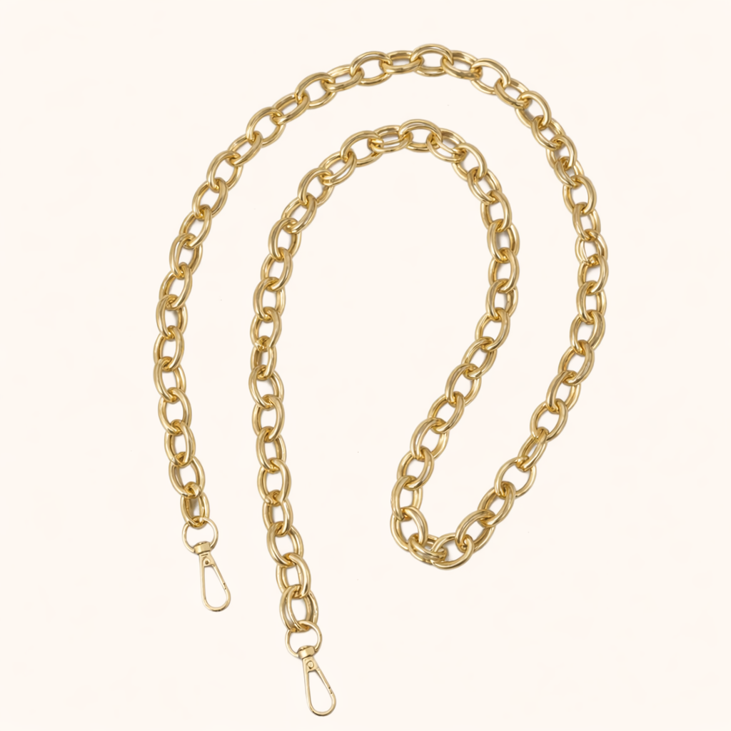 Long gold-tone chunky chain-link Interlaced phone strap coiled loosely with two lobster clasp ends.