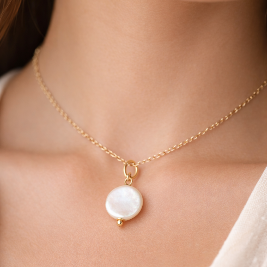 The Little Pearl CHARM worn at the neckline, a round coin pearl pendant on a fine gold chain against bare skin.