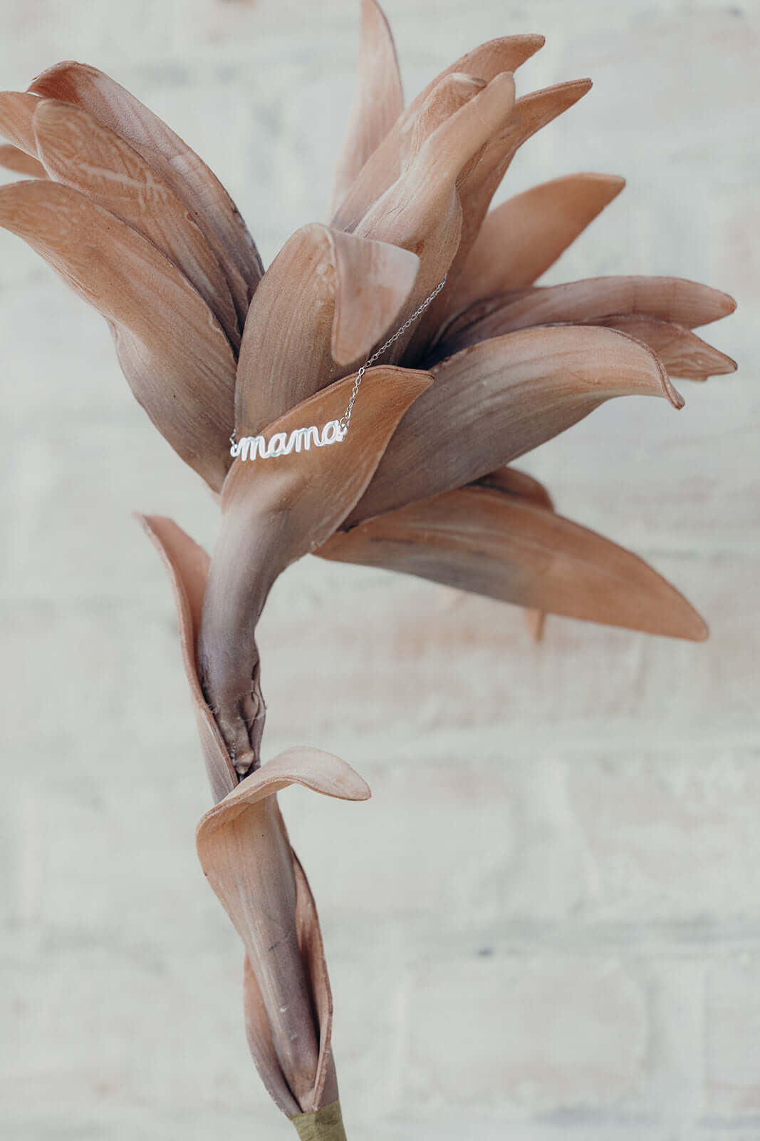 The Mama Big NECKLACE in silver, a script mama pendant styled among dried tropical flower petals in a rustic scene.