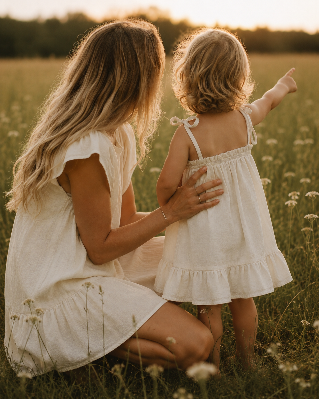 The Folie à Trois Mama Small BRACELET on a mother's wrist as she crouches beside her daughter, who points toward the sunset over a wildflower field.