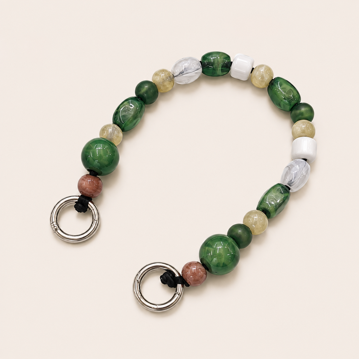 Mixed bead phone chain with green, cream and clear beads and silver spring-ring clasps — Folie à Trois Rosalind short phone chain