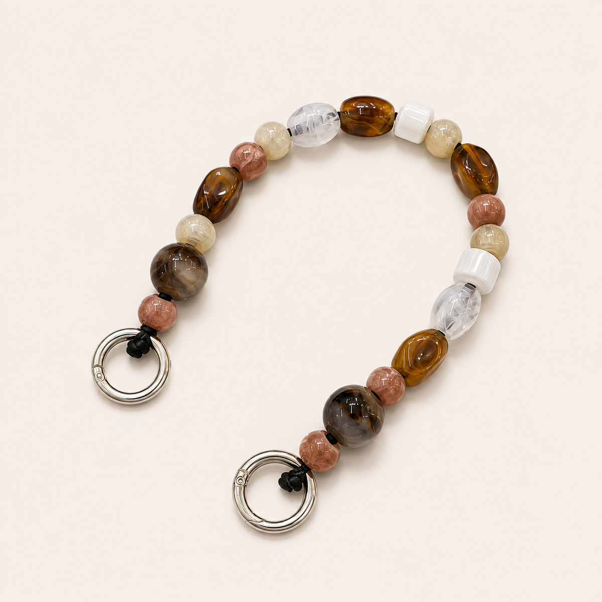 Mixed bead phone chain with brown, cream and clear beads and silver clasps — Folie à Trois Rosalind short phone chain