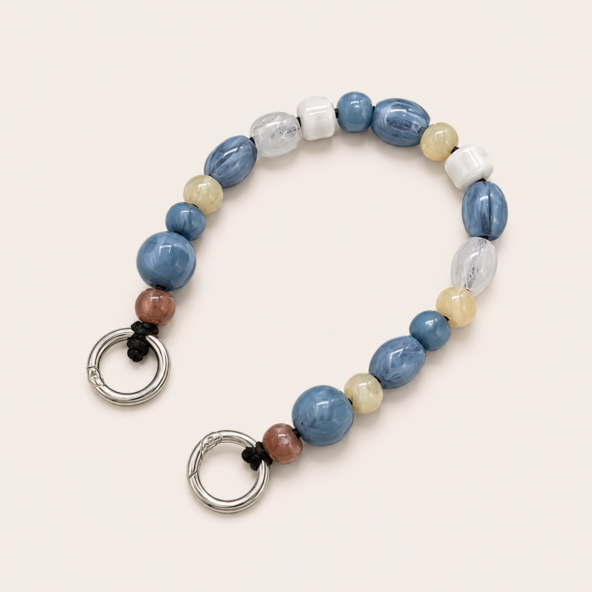 Mixed bead phone chain with blue, cream and clear beads and silver spring-ring clasps — Folie à Trois Rosalind short phone chain