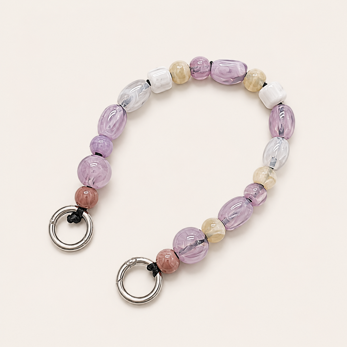 Mixed bead phone chain with lilac, cream and clear beads and silver spring-ring clasps — Folie à Trois Rosalind short phone chain