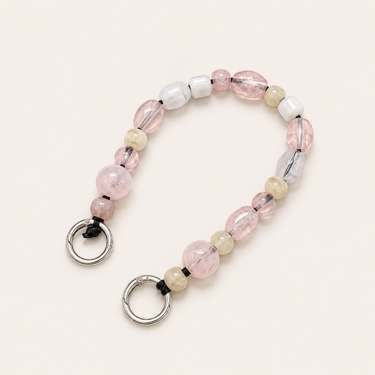 Mixed bead phone chain with pink, cream and clear beads and silver spring-ring clasps — Folie à Trois Rosalind short phone chain
