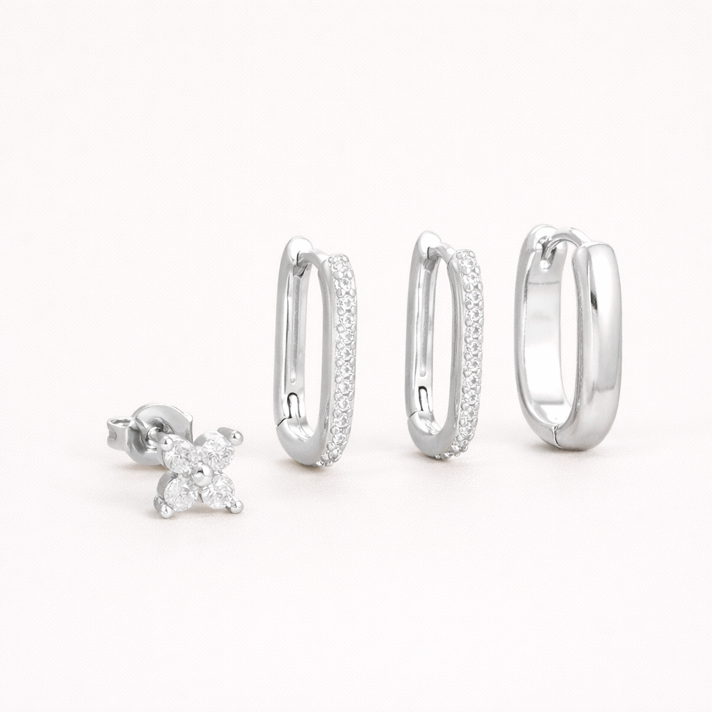 Sophia Set in silver tone, showing the clover stud and rectangular hoop trio with white crystal detailing.
