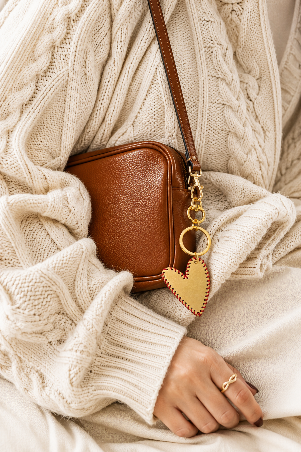 Folie à Trois Stitched Heart BAG CHARM, a gold heart pendant with contrast stitching, clipped to a tan leather crossbody bag.