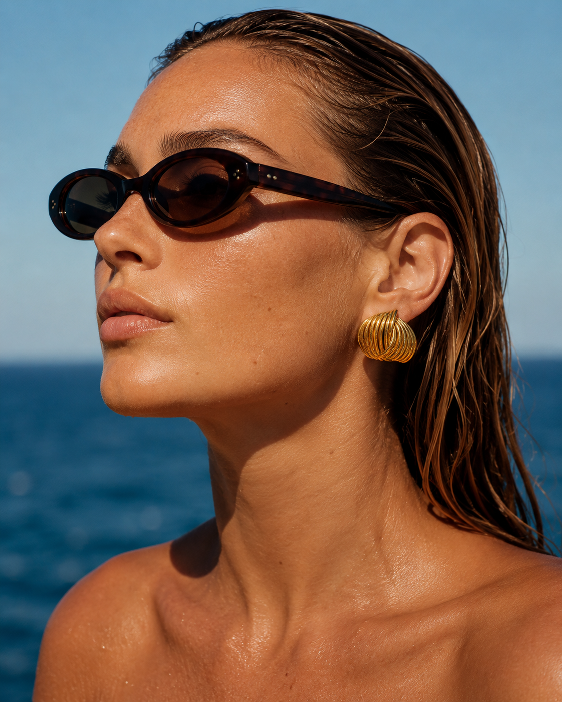 Model wears the Folie à Trois Sun Society EARRINGS, a gold ribbed knot stud, against a clear ocean sky in sunglasses.