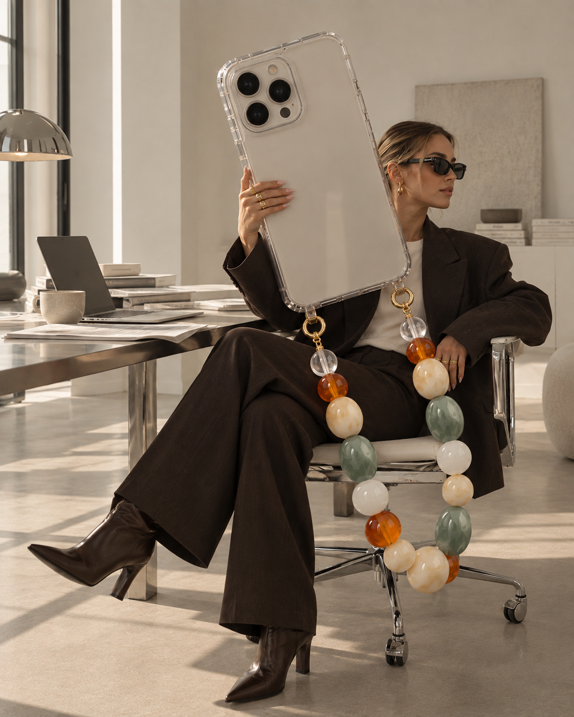 Model in a brown suit and sunglasses holding up an oversized phone with the chunky Talia SHORT PHONE CHAIN in amber, sage and cream.