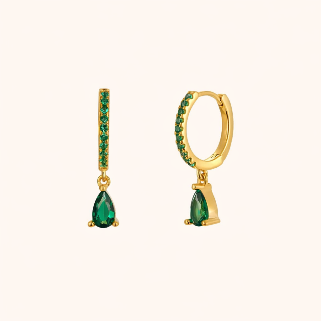 Teardrop Earrings in gold with emerald-green crystals, showing the pave hoop and pear-cut crystal drop.