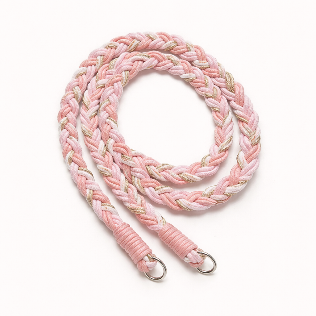 Pink and white braided Voyage long phone cord with gold thread, coiled flat with silver rings.