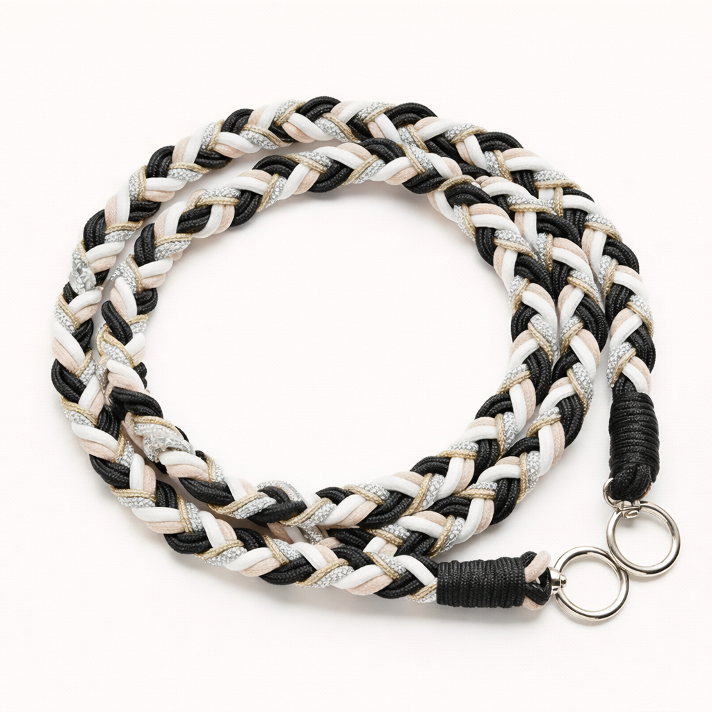 Black, white, and beige braided Voyage long phone cord with gold thread, coiled flat with silver rings.