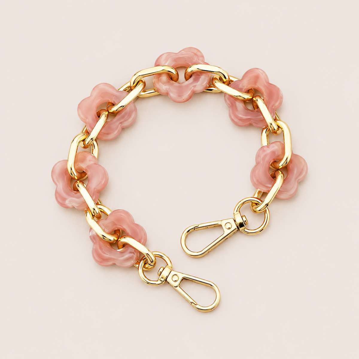 Round flower-link phone chain in dusty coral acrylic with gold chain links — Folie à Trois Zinnia short phone chain