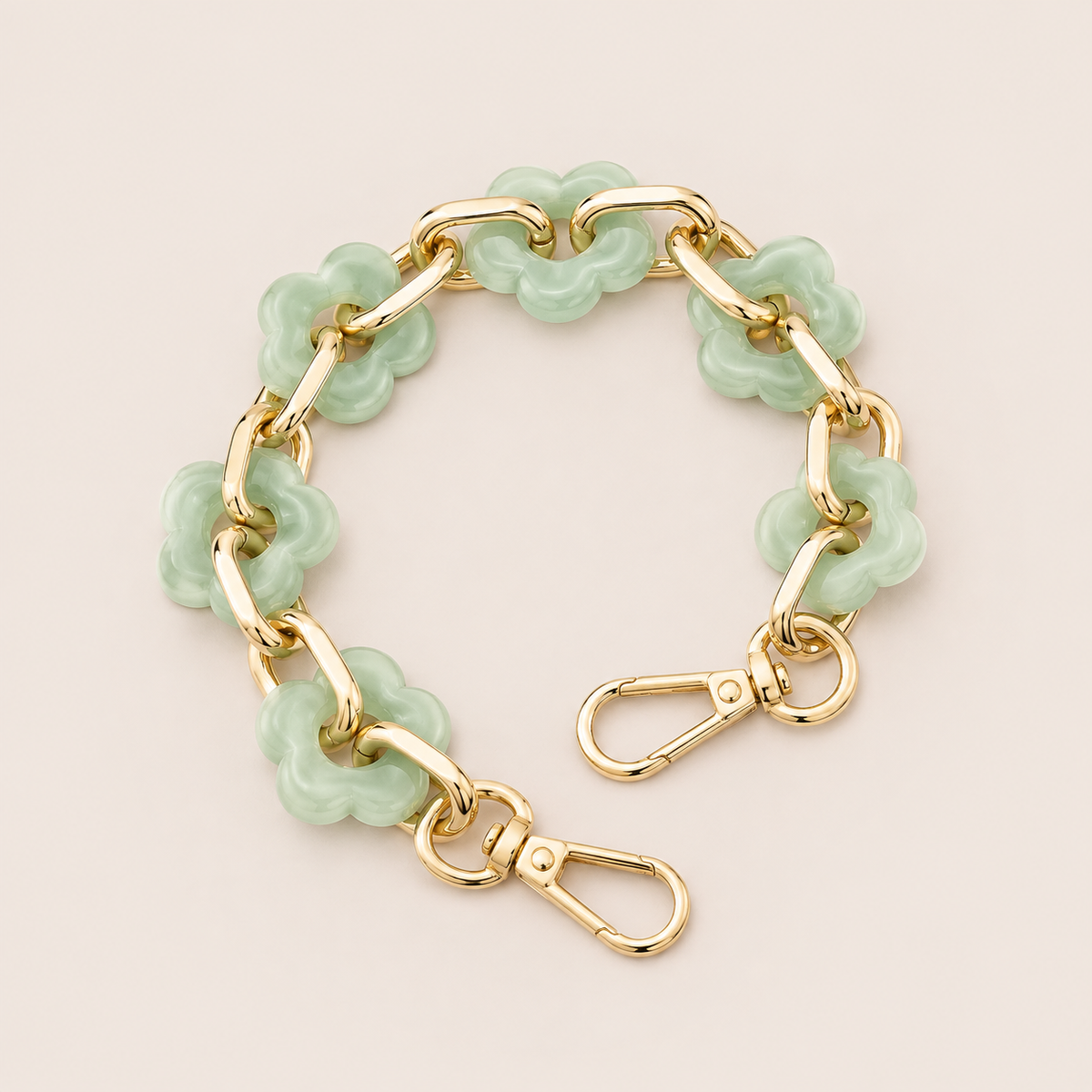 Round flower-link phone chain in sage green acrylic with gold chain links — Folie à Trois Zinnia short phone chain