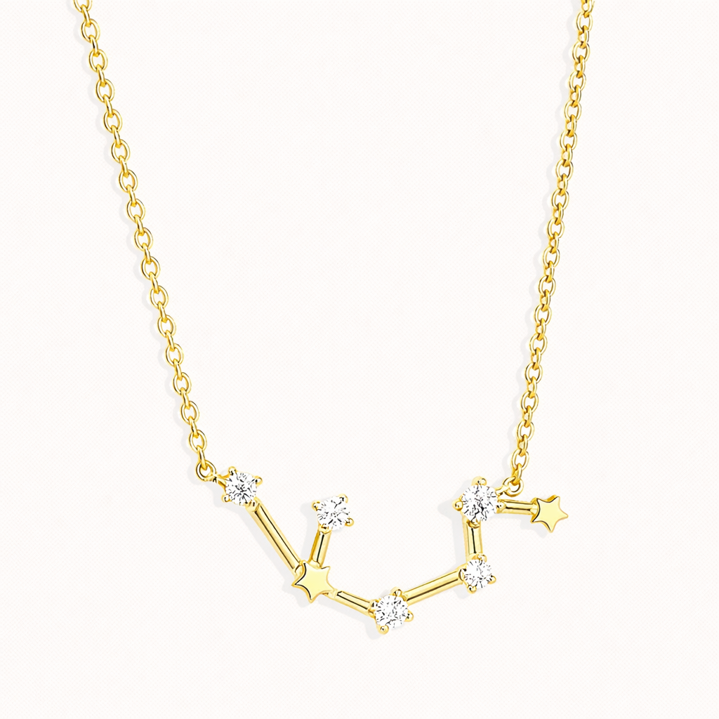 Zodiac NECKLACE in gold with an Aquarius constellation pendant set with crystal stars on a fine chain.