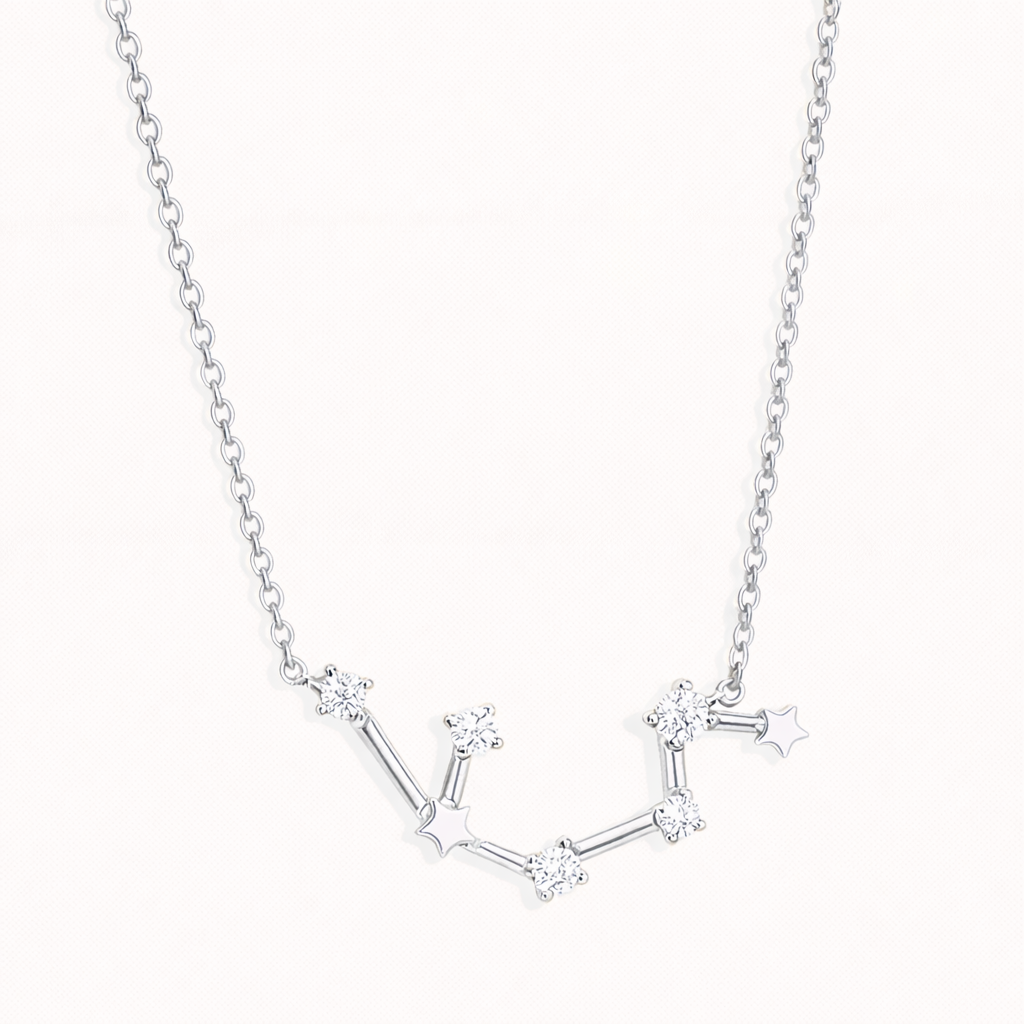 Zodiac NECKLACE in silver with an Aquarius constellation pendant set with crystal stars on a fine chain.