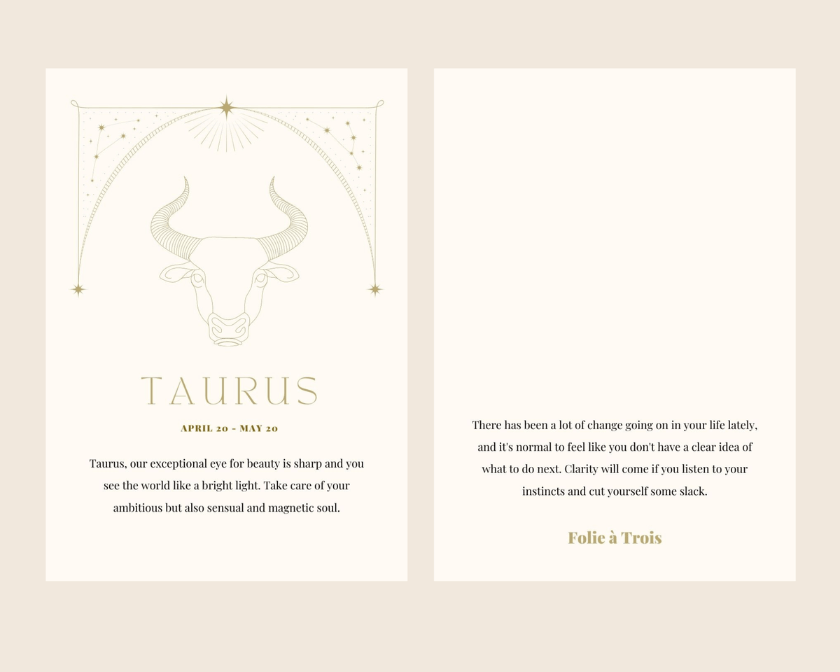 A Taurus-themed card for Zodiac Stud Earrings features a bull illustration alongside a horoscope message.