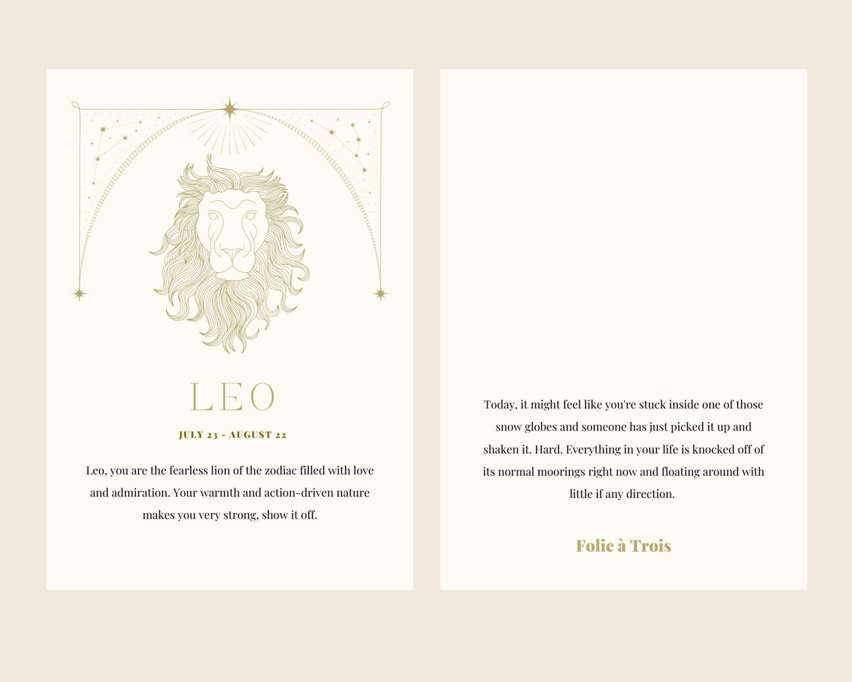 A Leo-themed card for Zodiac Stud Earrings features a lion illustration alongside a horoscope message.