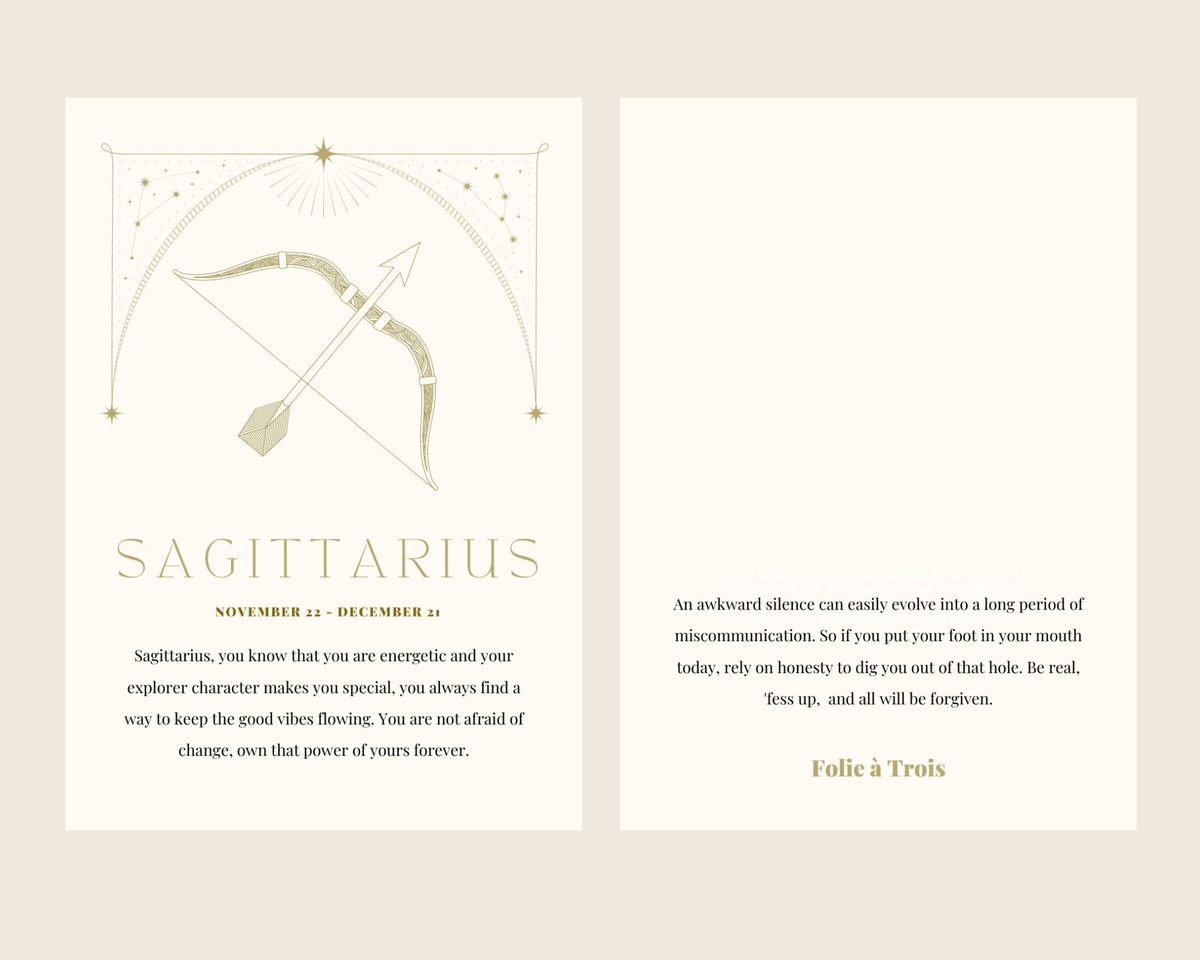 A Sagittarius-themed card for Zodiac Stud Earrings shows a bow and arrow with a horoscope message.