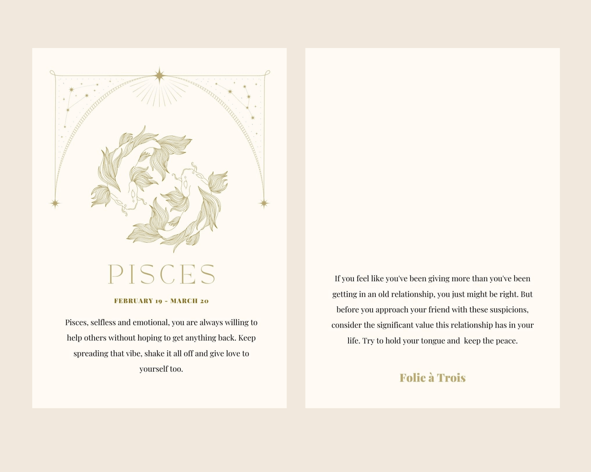 A Pisces-themed card for Zodiac Stud Earrings shows two fish illustrations with a matching horoscope message.