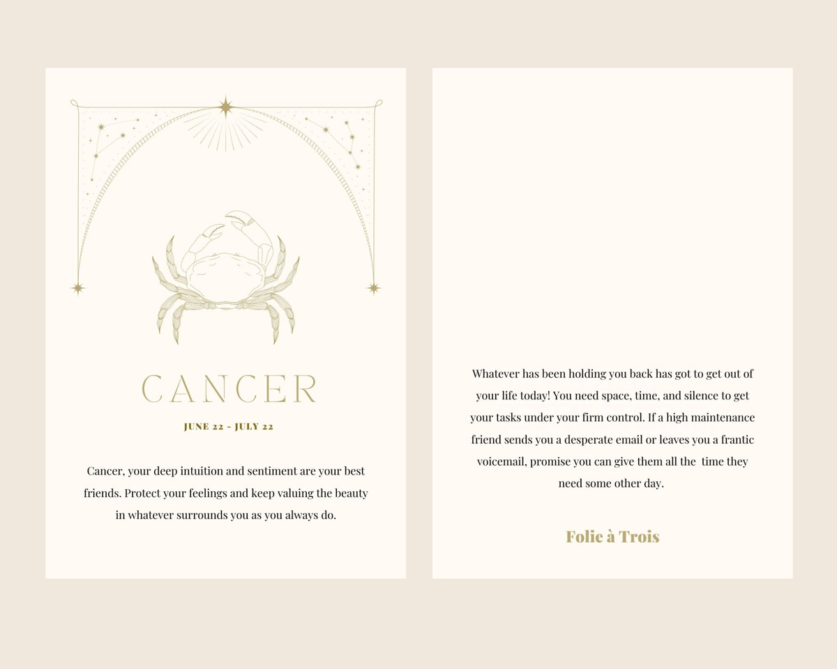 A Cancer-themed card for Zodiac Stud Earrings features a crab illustration alongside a horoscope message.