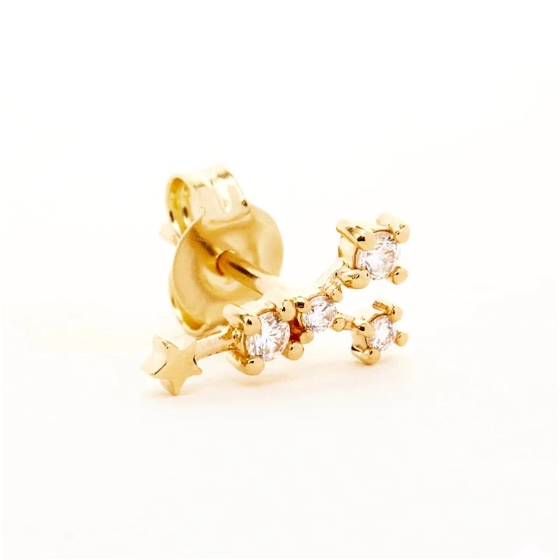 Gold Cancer Zodiac stud earring with clear crystals tracing the constellation, shown on white, part of the Cancer Zodiac BUNDLE.