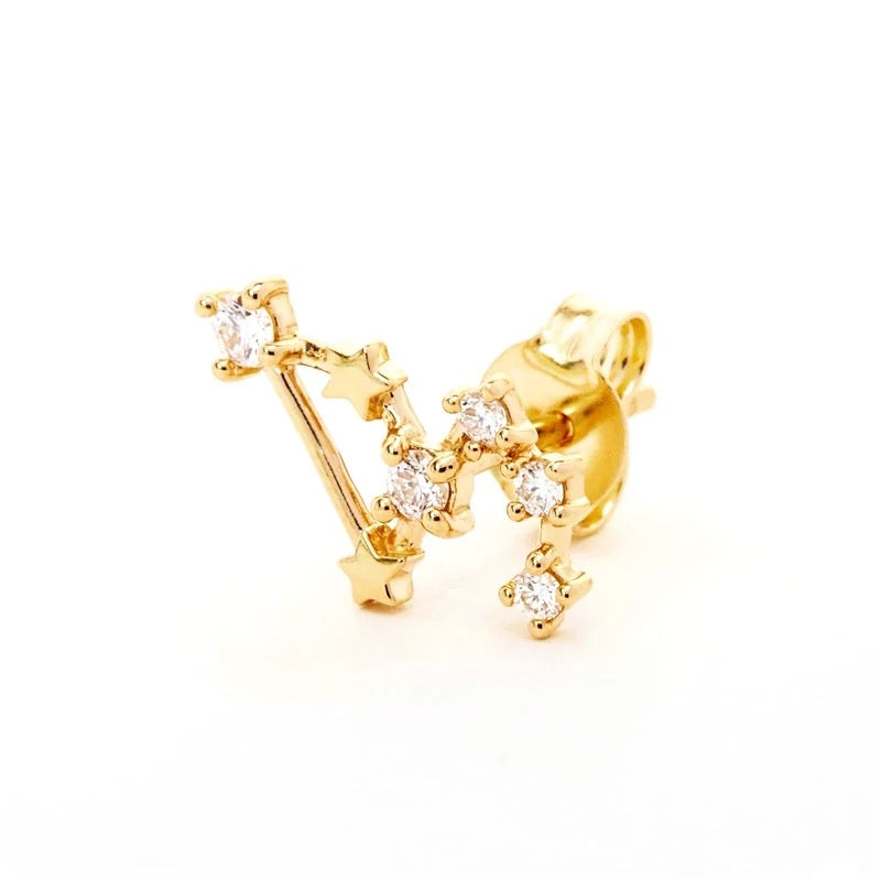 Gold Leo Zodiac stud earring with clear crystals tracing the constellation, shown on white, part of the Leo Zodiac BUNDLE.
