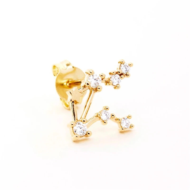 Gold Libra Zodiac stud earring with clear crystals tracing the constellation, shown on white, part of the Libra Zodiac BUNDLE.