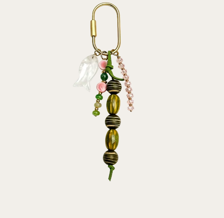 Pescado BAG CHARM Green Fish - white enamel fish charm with green and pink beads