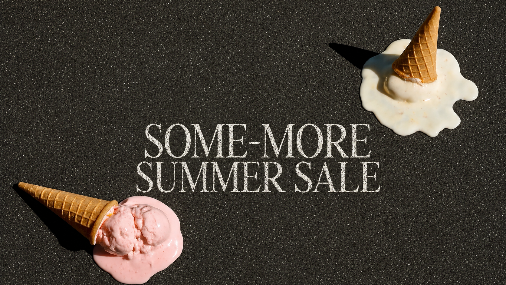 Two scoops of pink and white ice cream on cones against a dark background, with text reading "Some-more summer sale."