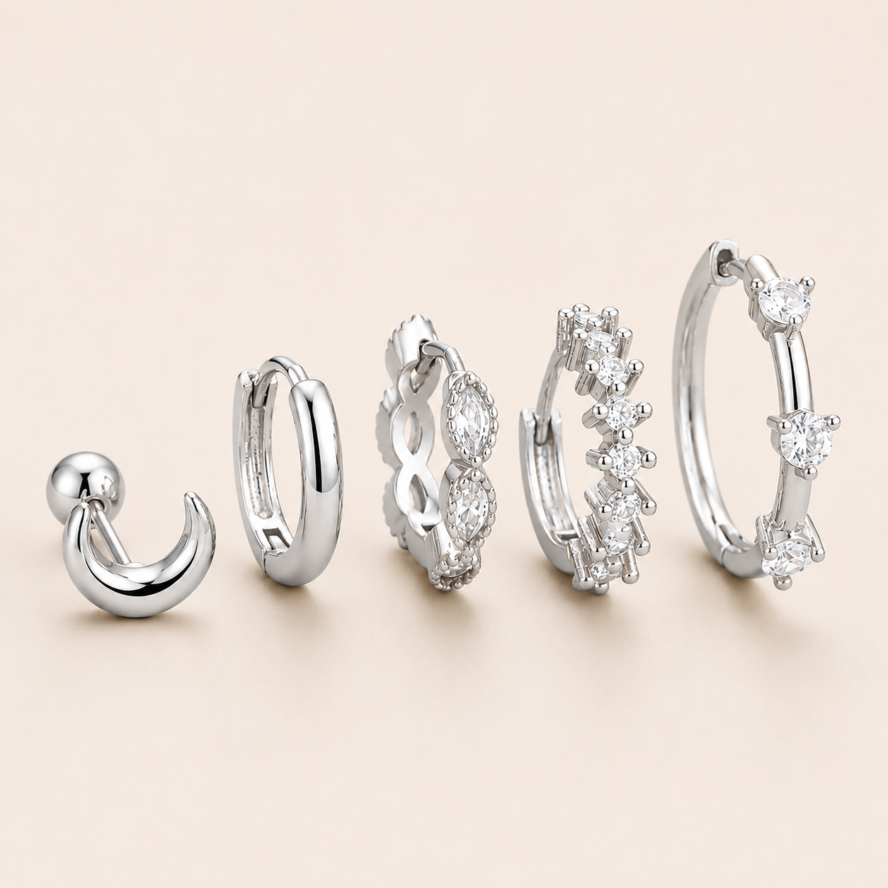 Claudia Set – Silver White 5-Piece Earring Set, by Folie à Trois