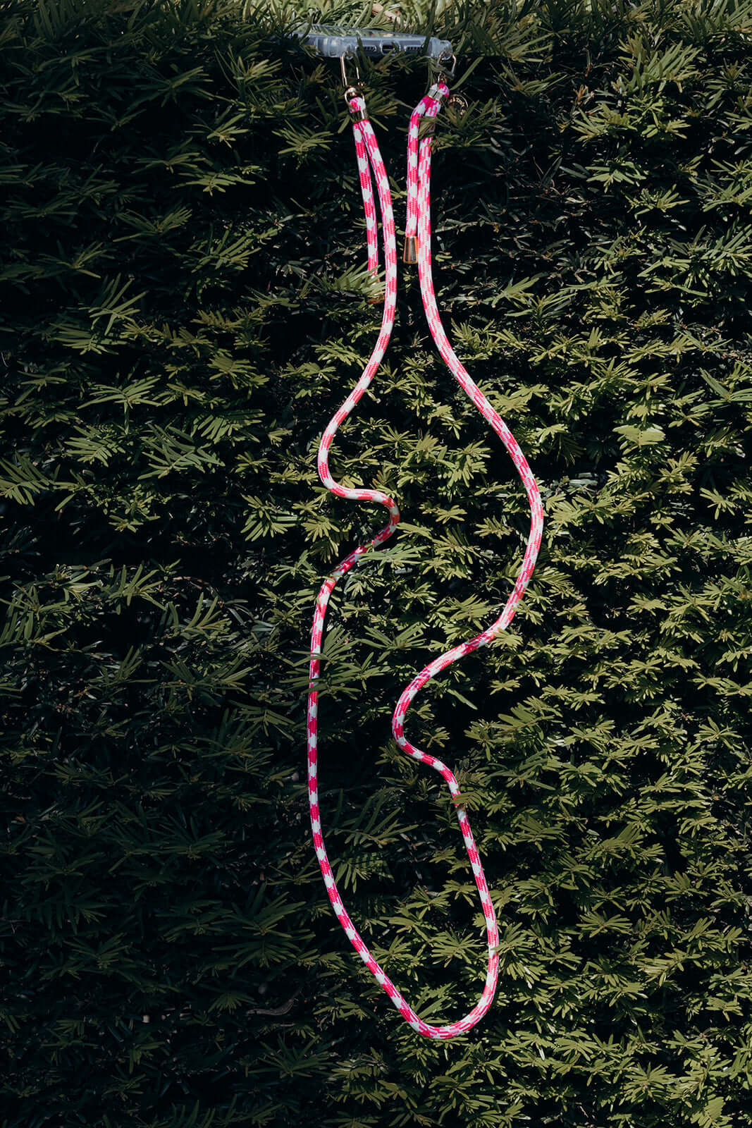 Pink and white Aesthetic Colorful PHONE CORD shown at full length, draped against a green hedge outdoors.