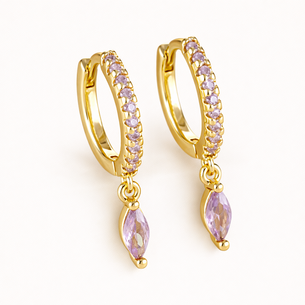 Anette Earrings in gold with lilac crystals, showing the pave hoop and marquise-cut purple drop design.