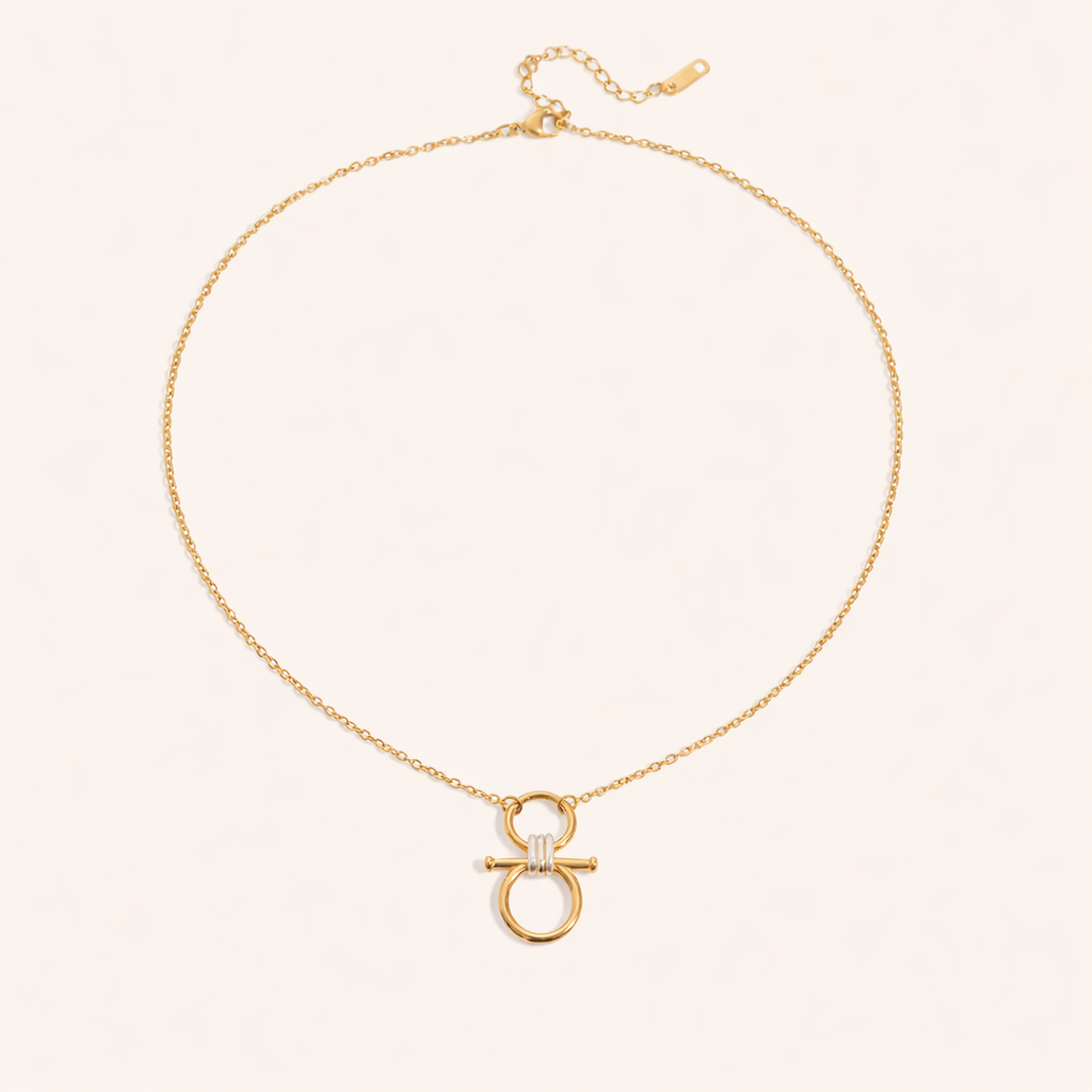 The Averi NECKLACE in gold, a two-tier circle pendant with a silver ridged bar clasp, shown flat on a cream background.